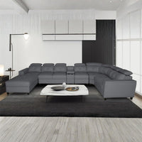 Arnold 8 Seater Sofa with Lounger and Cup Holder Beige | Corner Sofa Couch with Moveable Headrest | U Shape Sectional Sofa Set Living Room Office Home