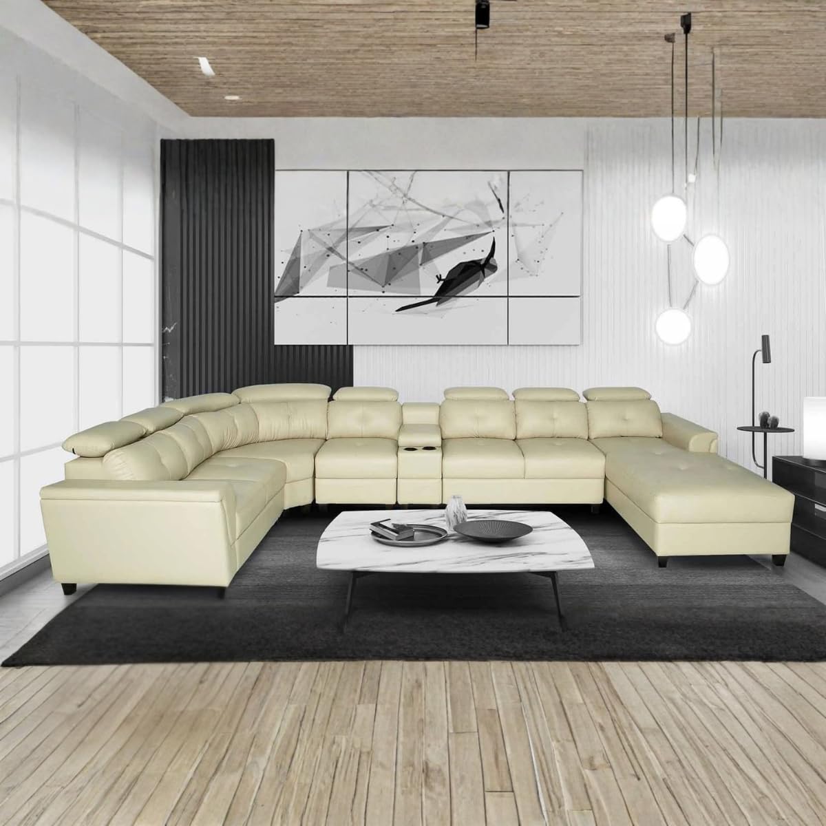 Arnold 8 Seater Sofa with Lounger and Cup Holder Beige | Corner Sofa Couch with Moveable Headrest | U Shape Sectional Sofa Set Living Room Office Home