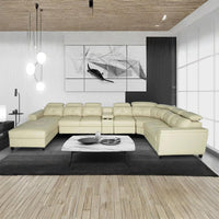 Arnold 8 Seater Sofa with Lounger and Cup Holder Beige | Corner Sofa Couch with Moveable Headrest | U Shape Sectional Sofa Set Living Room Office Home