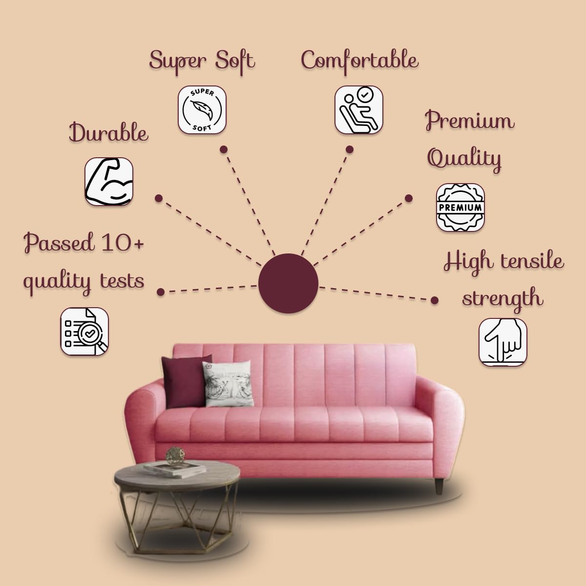 Bali 3 Seater Fabric Sofa with 2 Cushions | Wooden Fabric Sofa