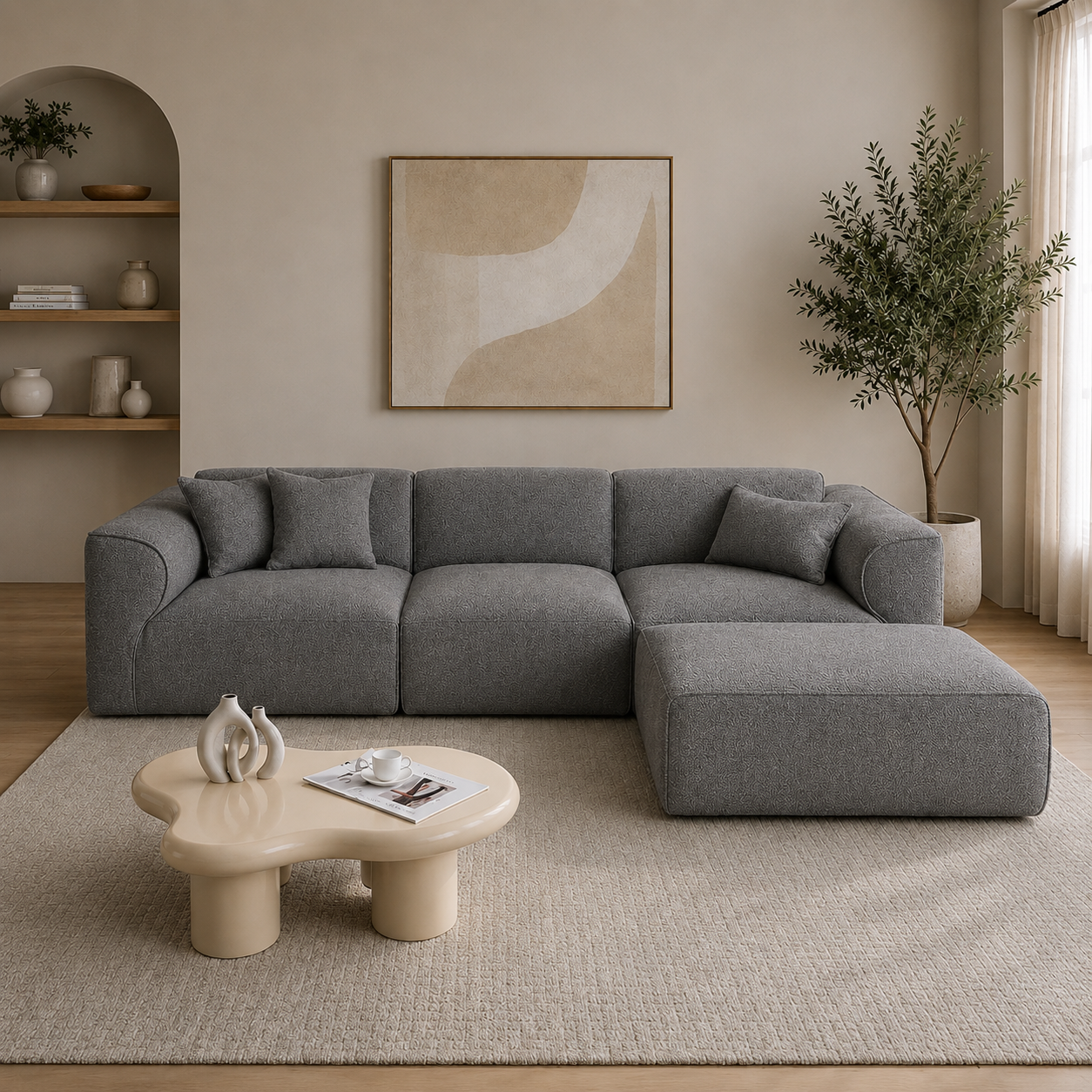 Modura 4 Seater Modern Curved Sectional Sofa with Ottoman  Cream L-Shaped Modular Couch
