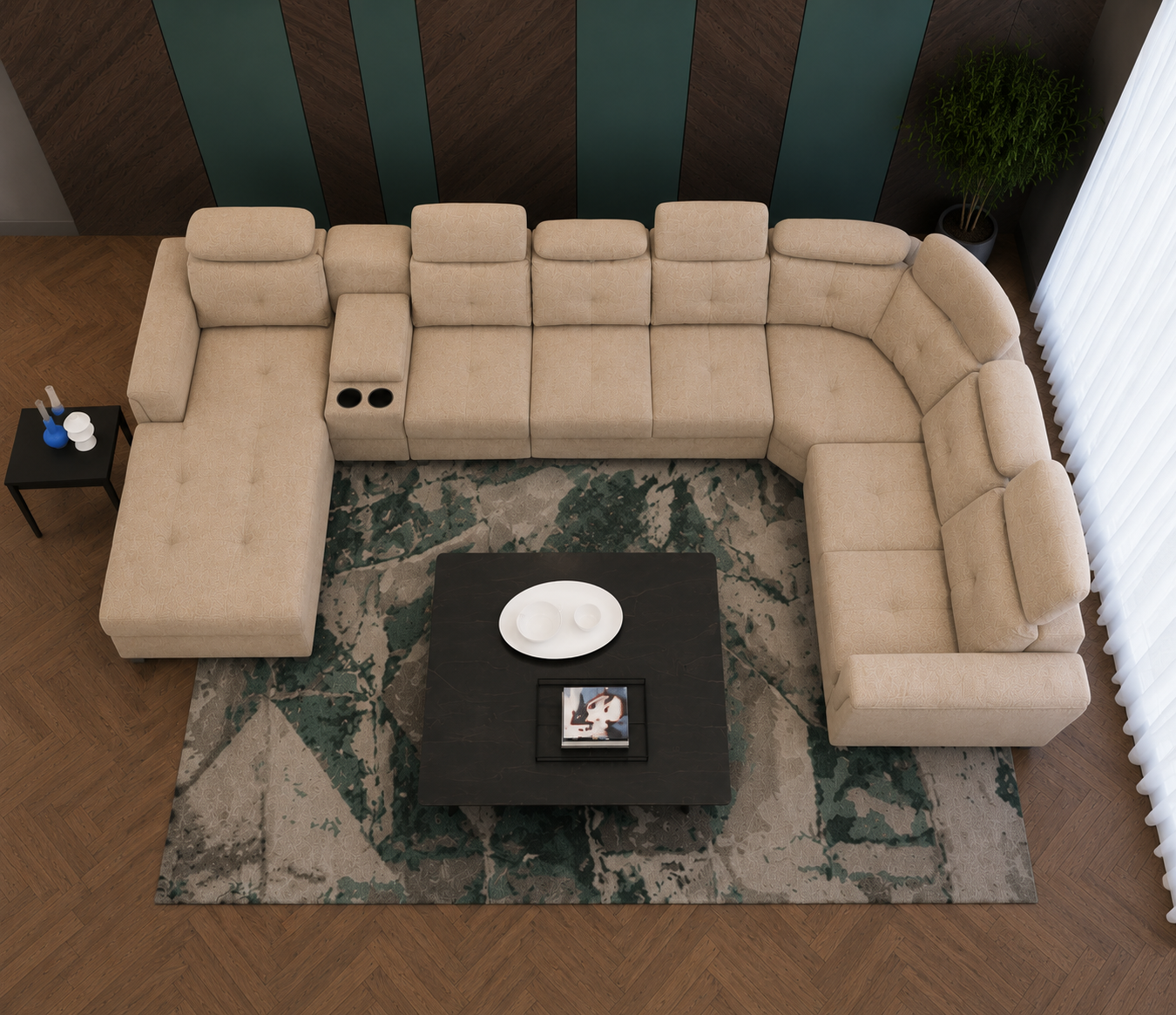 Arnold 8 Seater Sofa with Lounger and Cup Holder Beige | Corner Sofa Couch with Moveable Headrest | U Shape Sectional Sofa Set Living Room Office Home