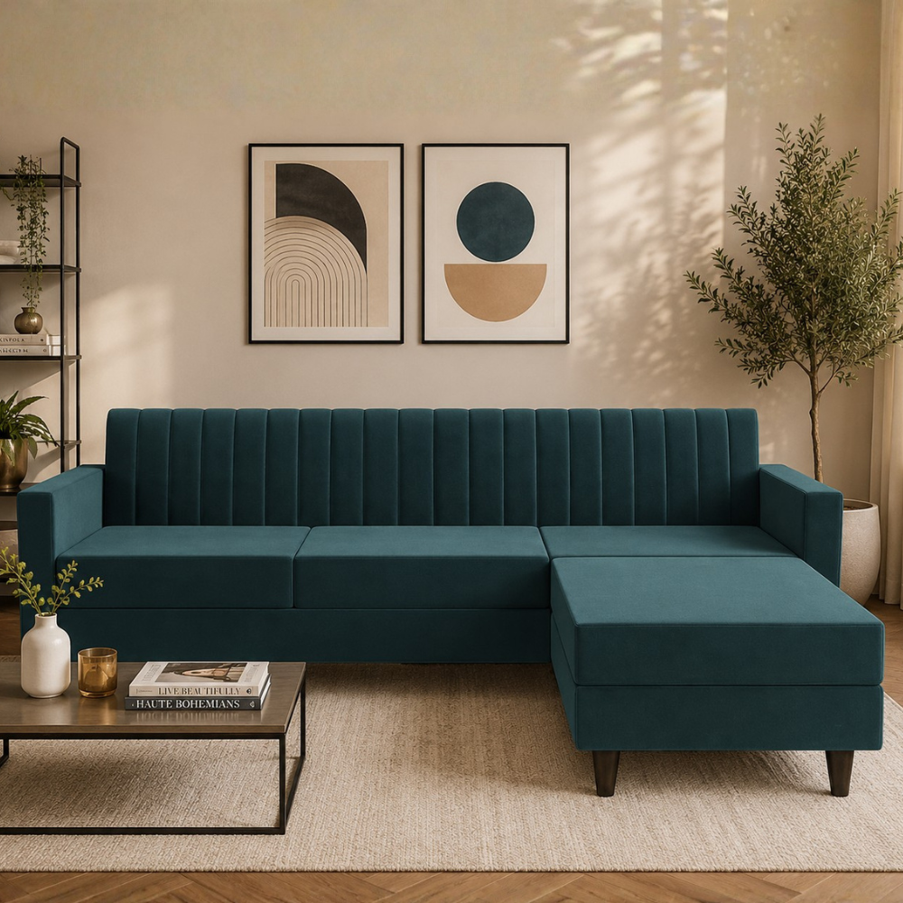 Sovana 4 Seater L-Shape Sofa with Ottoman – Modern Fabric Sectional for Living Room