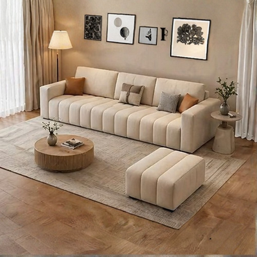 Averra Cream Fabric 4 Seater Sofa with Ottoman – Modern Minimalist Living Room Sofa