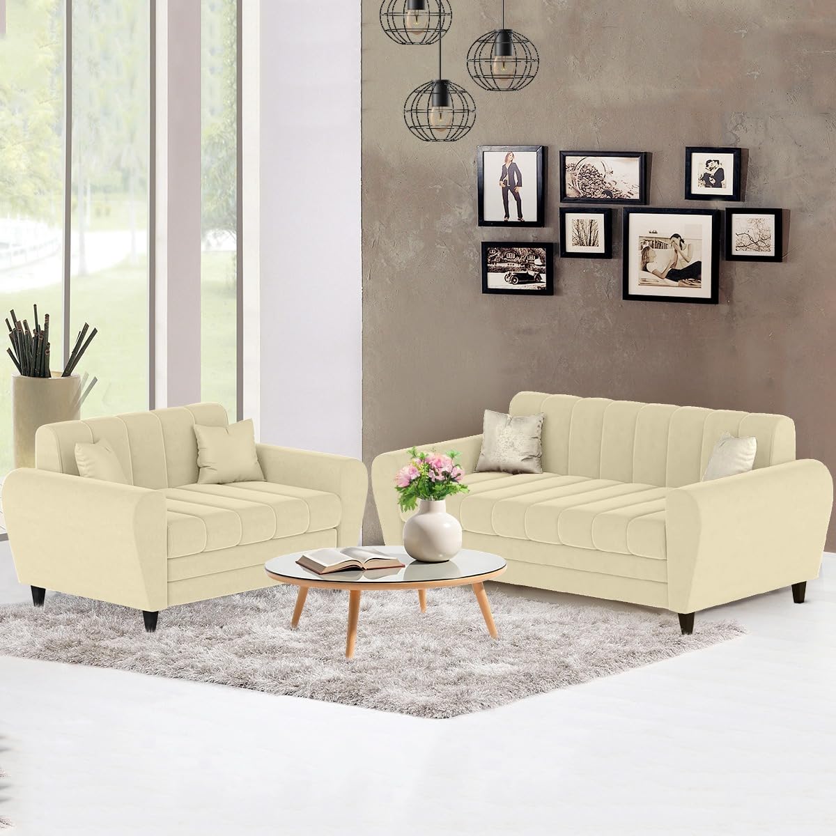 Bali 3 Seater Fabric Sofa with 2 Cushions | Wooden Fabric Sofa