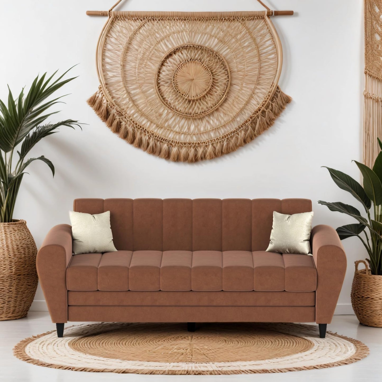 Bali 3 Seater Fabric Sofa with 2 Cushions | Wooden Fabric Sofa