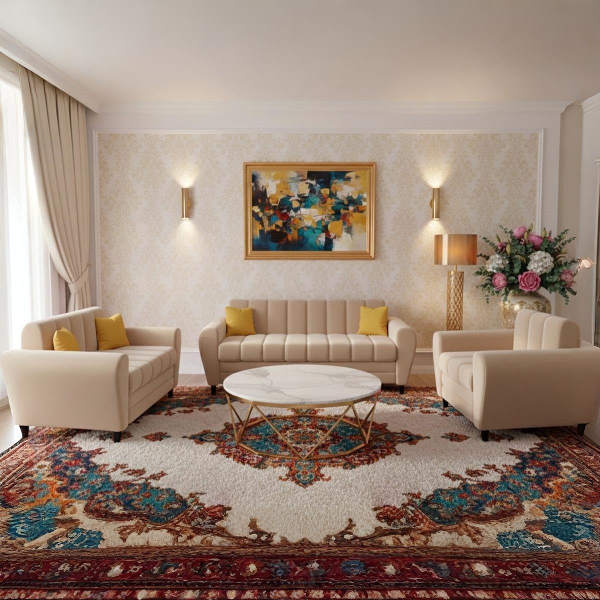 Bali 3 Seater Fabric Sofa with 2 Cushions | Wooden Fabric Sofa