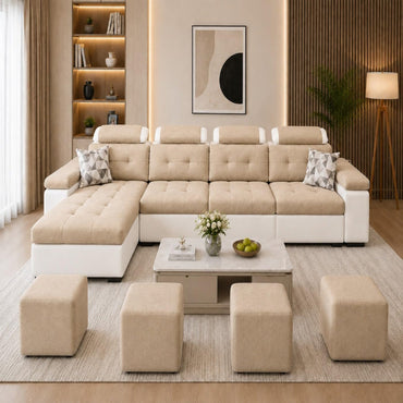 Jimmi L-Shaped 5 Seater Sofa with 4 Puffy | 8 Seater Sectional Sofa Set for Living Room | 3 + 1 Lounger Sofa Couches with Adjustable Headrests