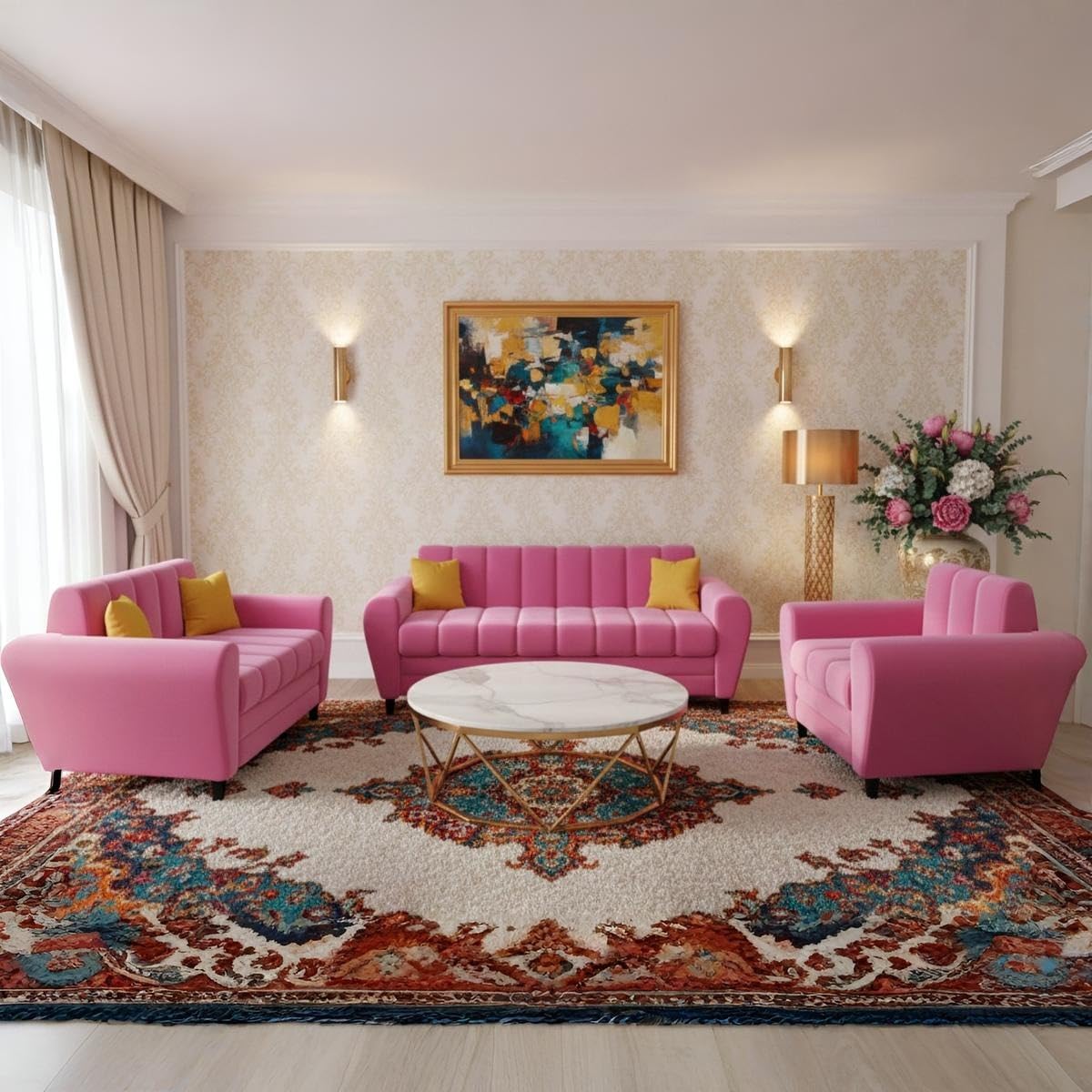 Bali 3 Seater Fabric Sofa with 2 Cushions | Wooden Fabric Sofa