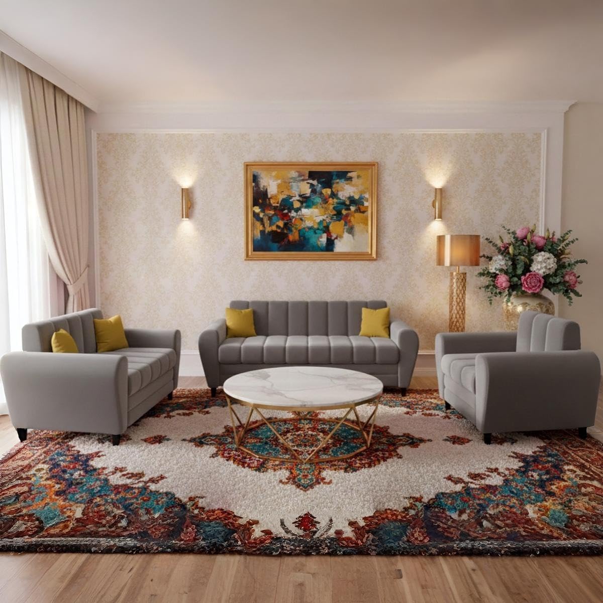 Bali 3 Seater Fabric Sofa with 2 Cushions | Wooden Fabric Sofa