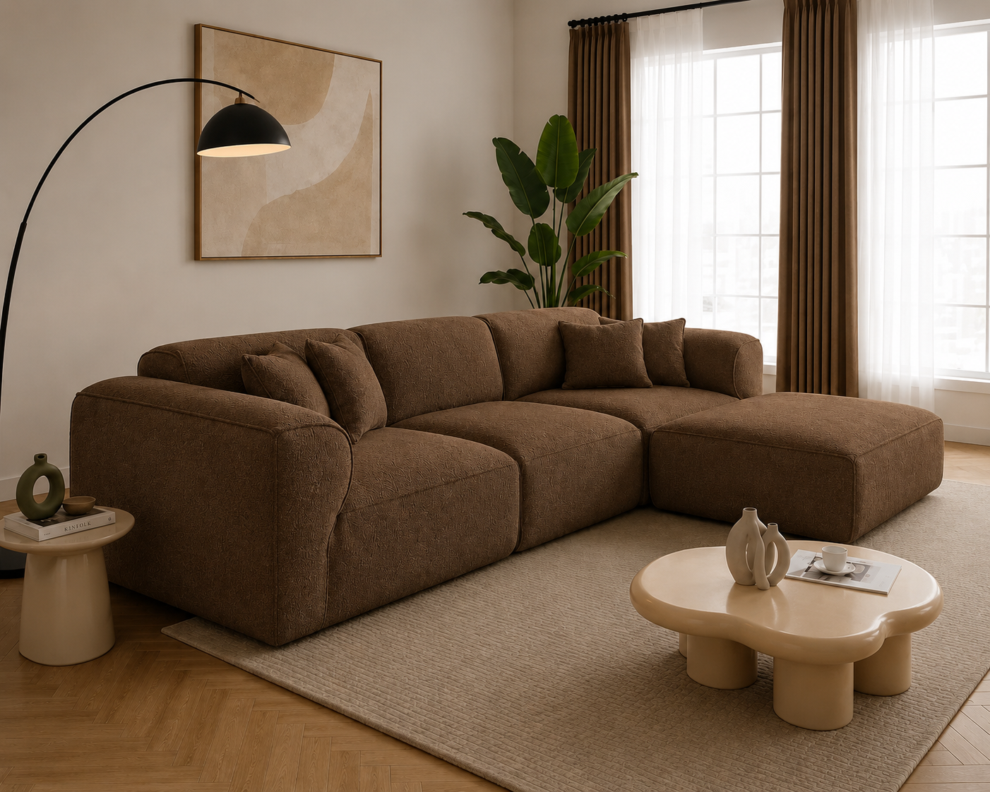 Modura 4 Seater Modern Curved Sectional Sofa with Ottoman  Cream L-Shaped Modular Couch