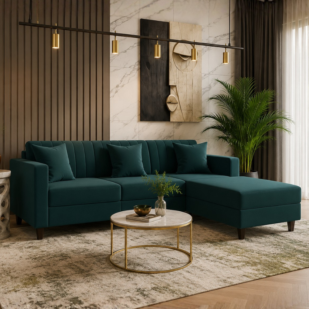 Sovana 4 Seater L-Shape Sofa with Ottoman – Modern Fabric Sectional for Living Room
