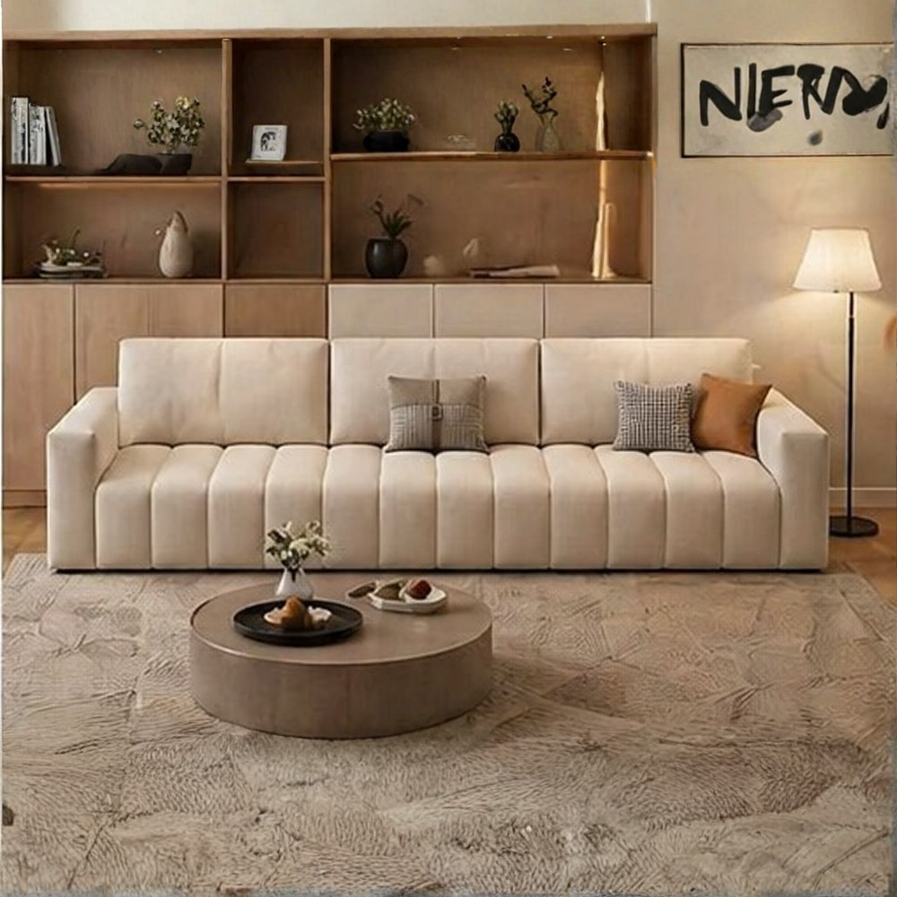 Averra Cream Fabric 4 Seater Sofa with Ottoman – Modern Minimalist Living Room Sofa