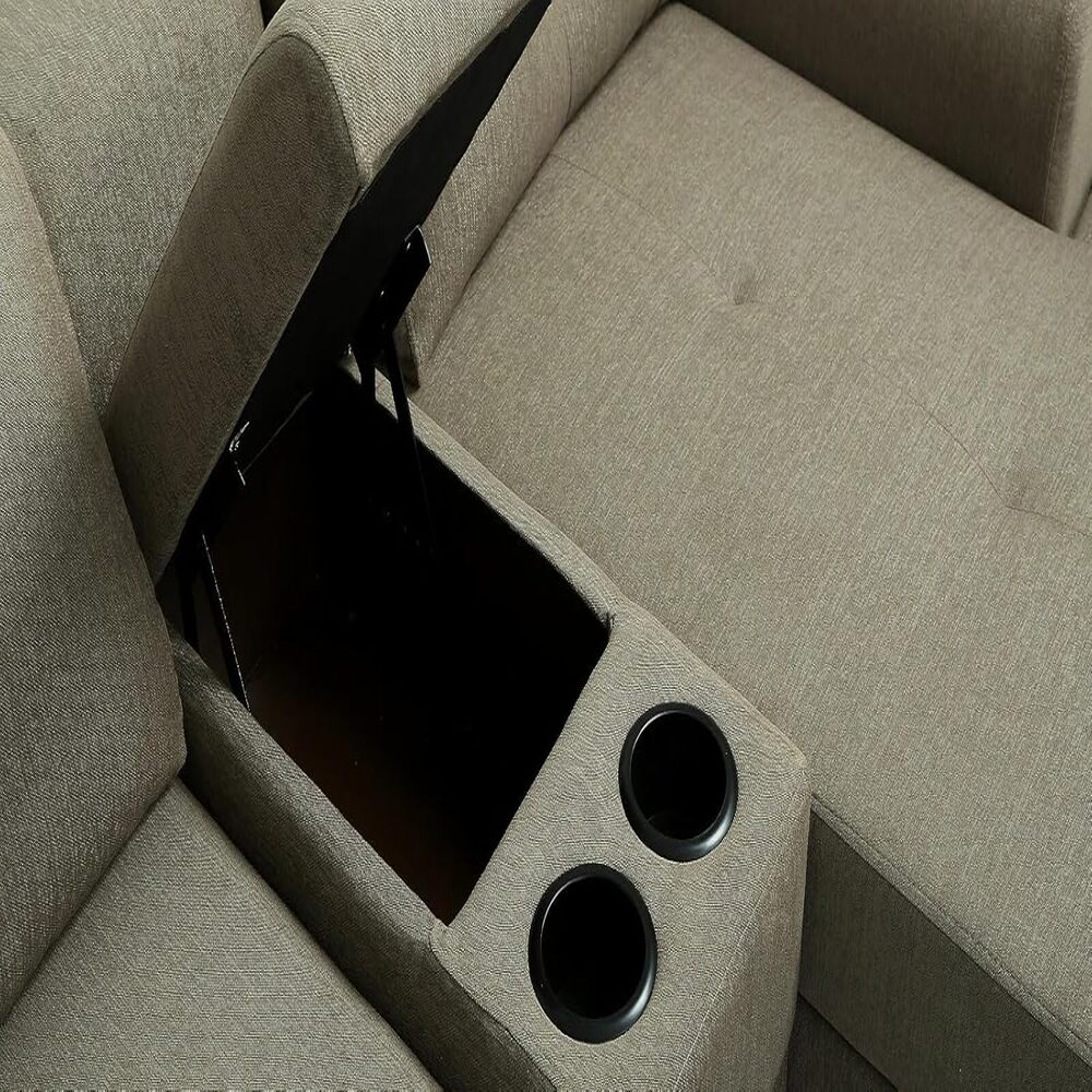 Arnold 8 Seater Sofa with Lounger and Cup Holder Beige | Corner Sofa Couch with Moveable Headrest | U Shape Sectional Sofa Set Living Room Office Home