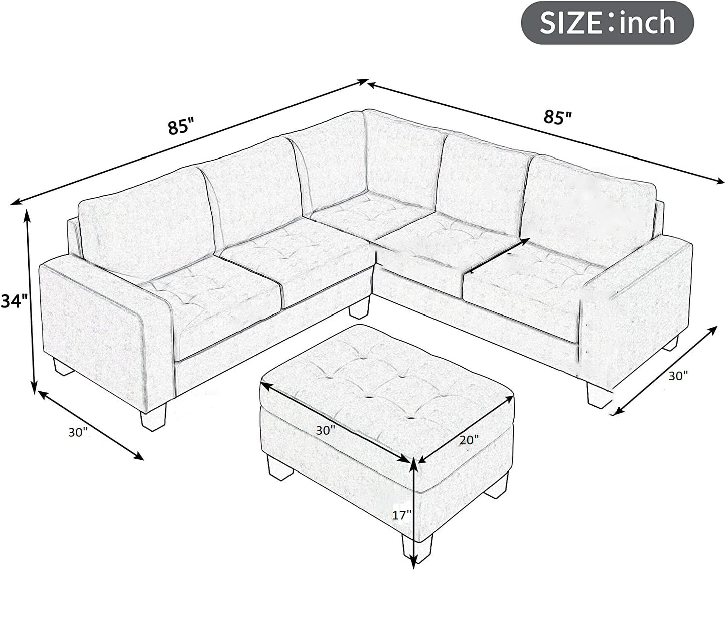 Christopher 5 Seater L Shape Fabric Sofa With Ottoman