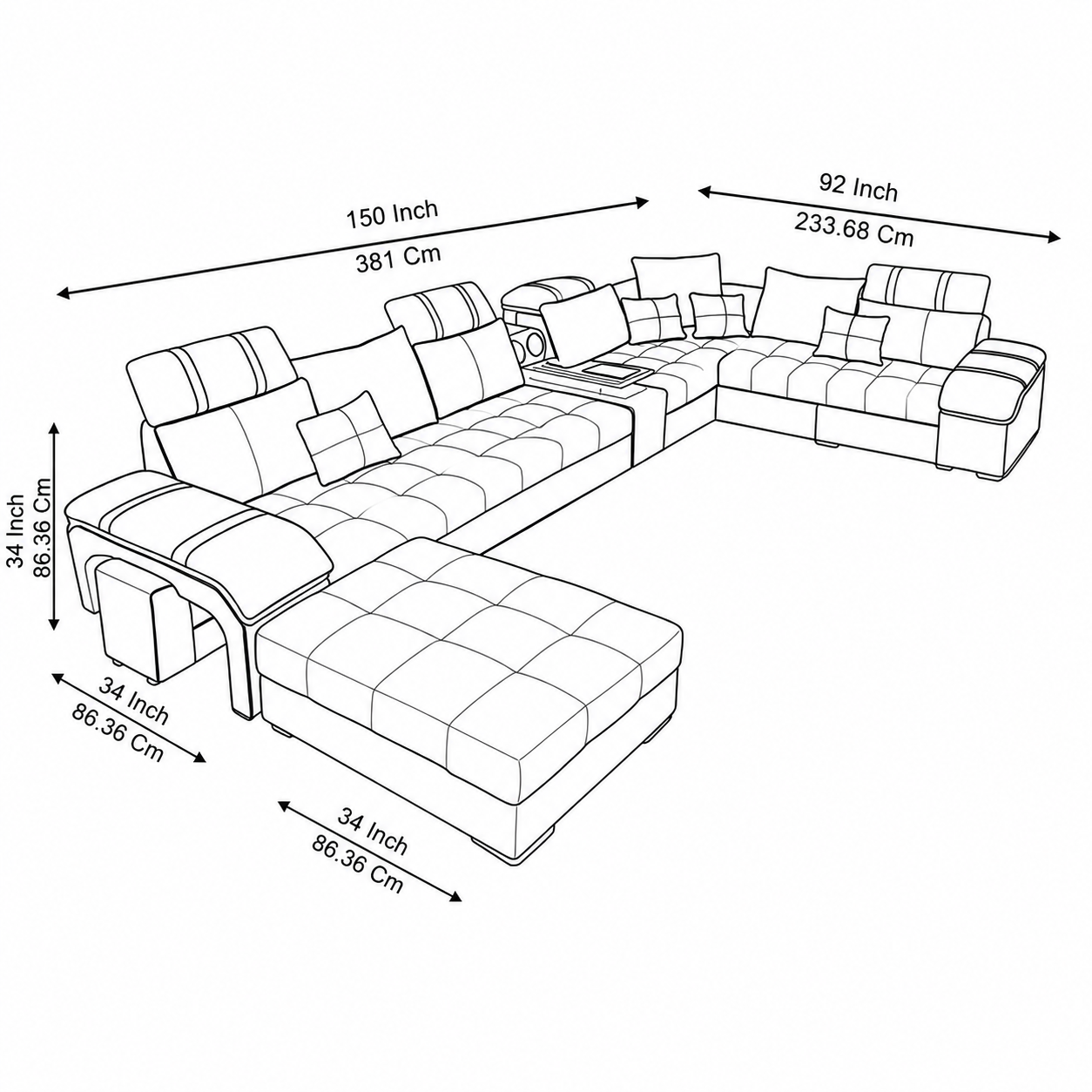 Galster U Shape 12 Seater Fabric Sofa Set and additional 4 Puffy | Premium 12 Seater Sofa