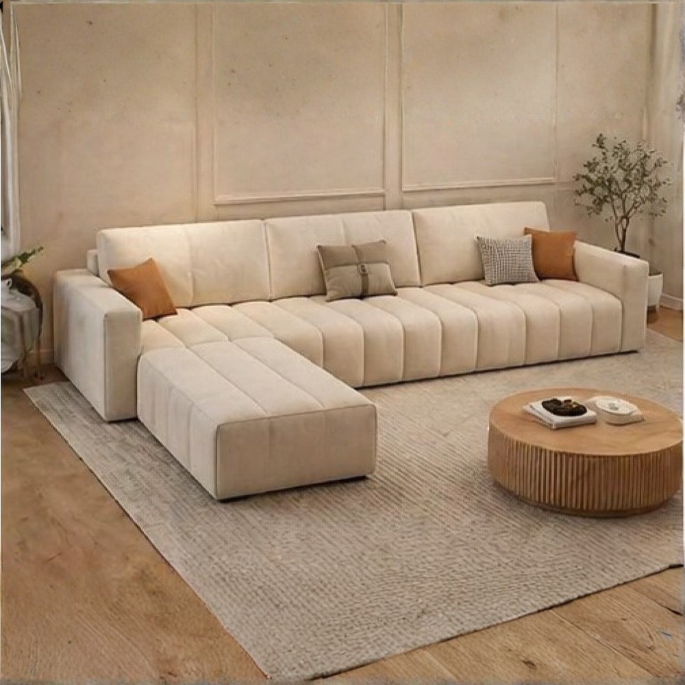 Averra Cream Fabric 4 Seater Sofa with Ottoman – Modern Minimalist Living Room Sofa
