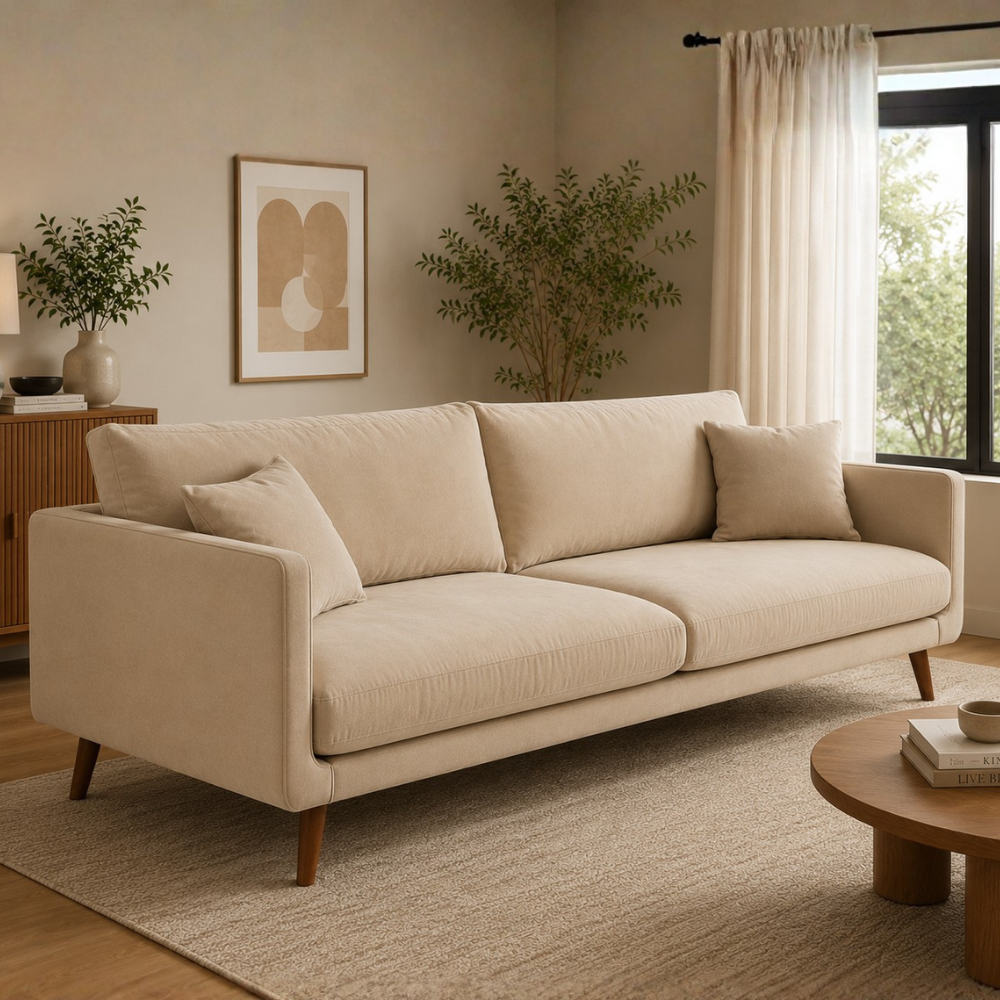 Celestio Modern 3 Seater Fabric Sofa for Living Room – Minimal Contemporary Couch in Beige