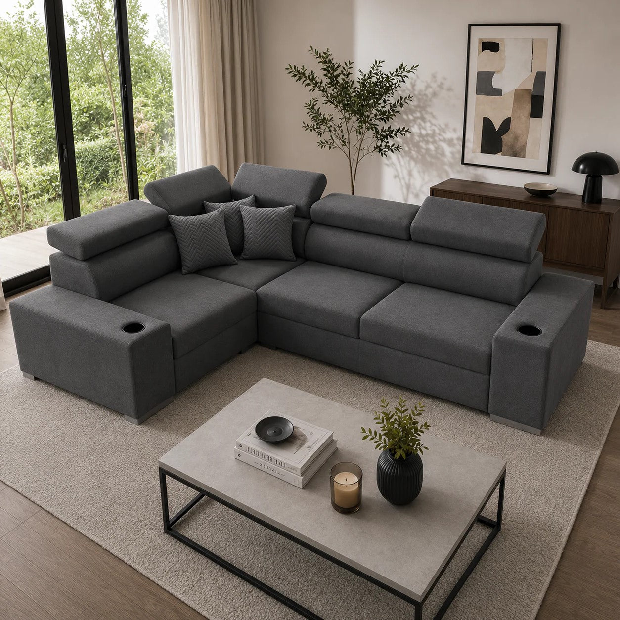 Sienna 5 Seater L Shape Fabric Sofa with Adjustable Headrests & Cup Holders | Modern Corner Sofa for Living Room