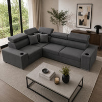 Sienna 5 Seater L Shape Fabric Sofa with Adjustable Headrests & Cup Holders | Modern Corner Sofa for Living Room