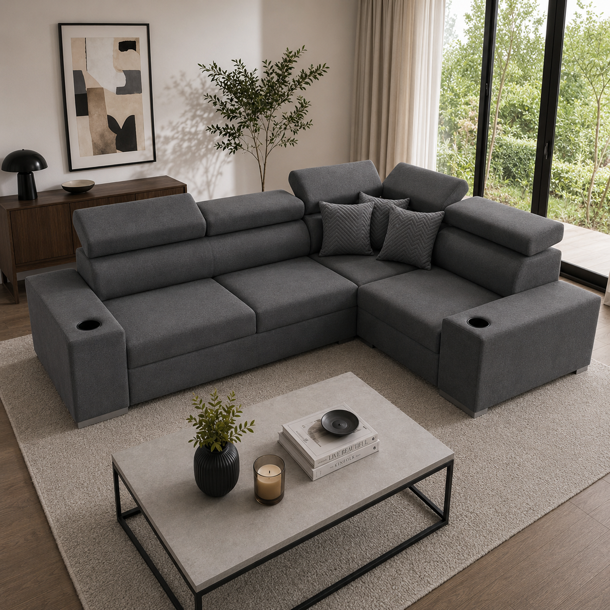 Sienna 5 Seater L Shape Fabric Sofa with Adjustable Headrests & Cup Holders | Modern Corner Sofa for Living Room