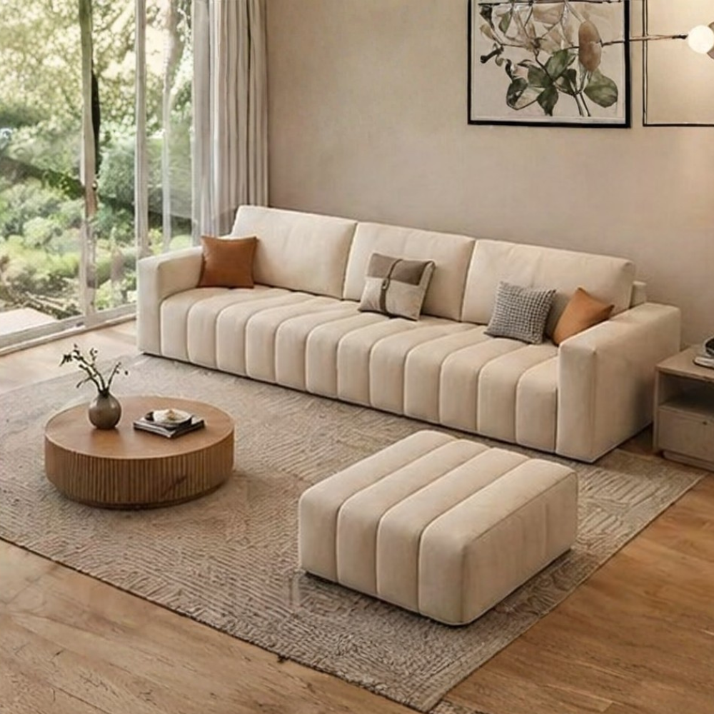 Averra Cream Fabric 4 Seater Sofa with Ottoman – Modern Minimalist Living Room Sofa