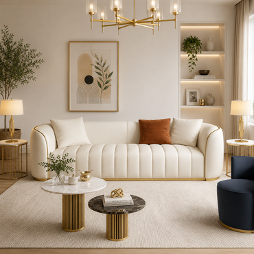 Rovelle Modern Luxury Curved Sofa – Cream Velvet Upholstered 3-Seater Couch with Gold Trim Accent for Living Room