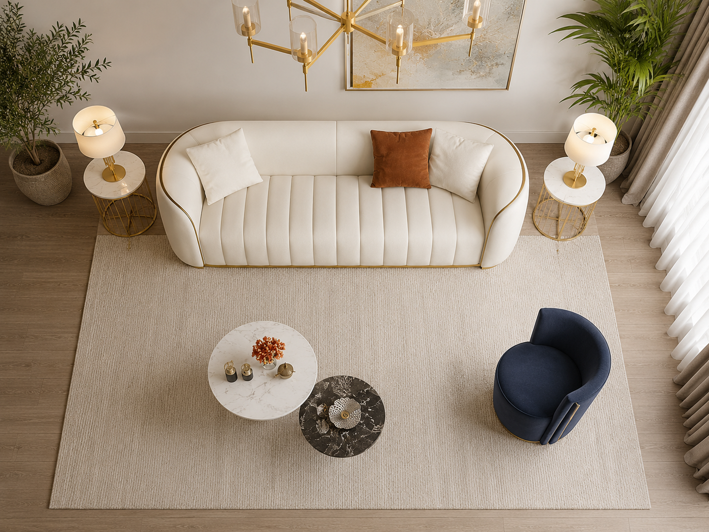 Rovelle 3 Seater Modern Luxury Curved Sofa – Cream Velvet Upholstered 3-Seater Couch with Gold Trim Accent for Living Room