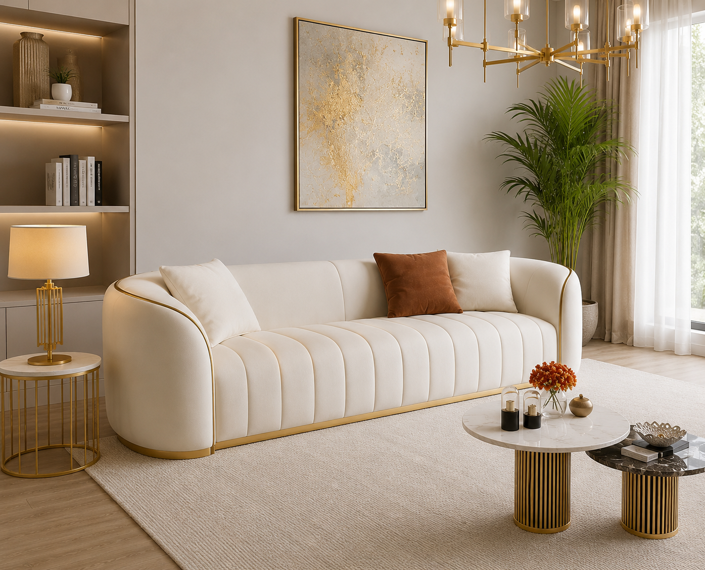 Rovelle 3 Seater Modern Luxury Curved Sofa – Cream Velvet Upholstered 3-Seater Couch with Gold Trim Accent for Living Room