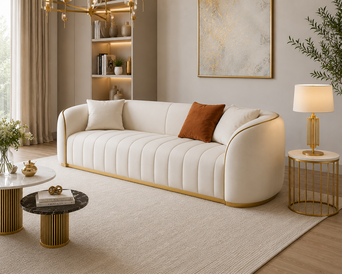 Rovelle 3 Seater Modern Luxury Curved Sofa – Cream Velvet Upholstered 3-Seater Couch with Gold Trim Accent for Living Room