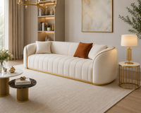 Rovelle 3 Seater Modern Luxury Curved Sofa – Cream Velvet Upholstered 3-Seater Couch with Gold Trim Accent for Living Room