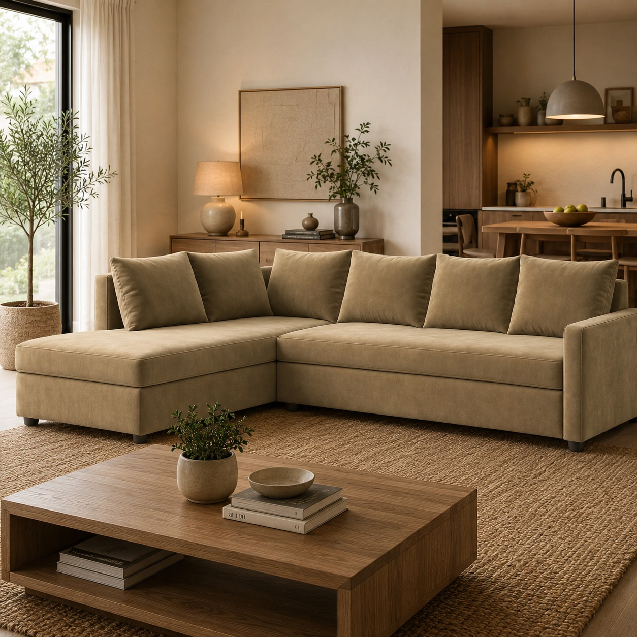 Zenora L Shape Fabric 5 Seater Sofa Set – Modern Corner Sofa for Contemporary Living Room