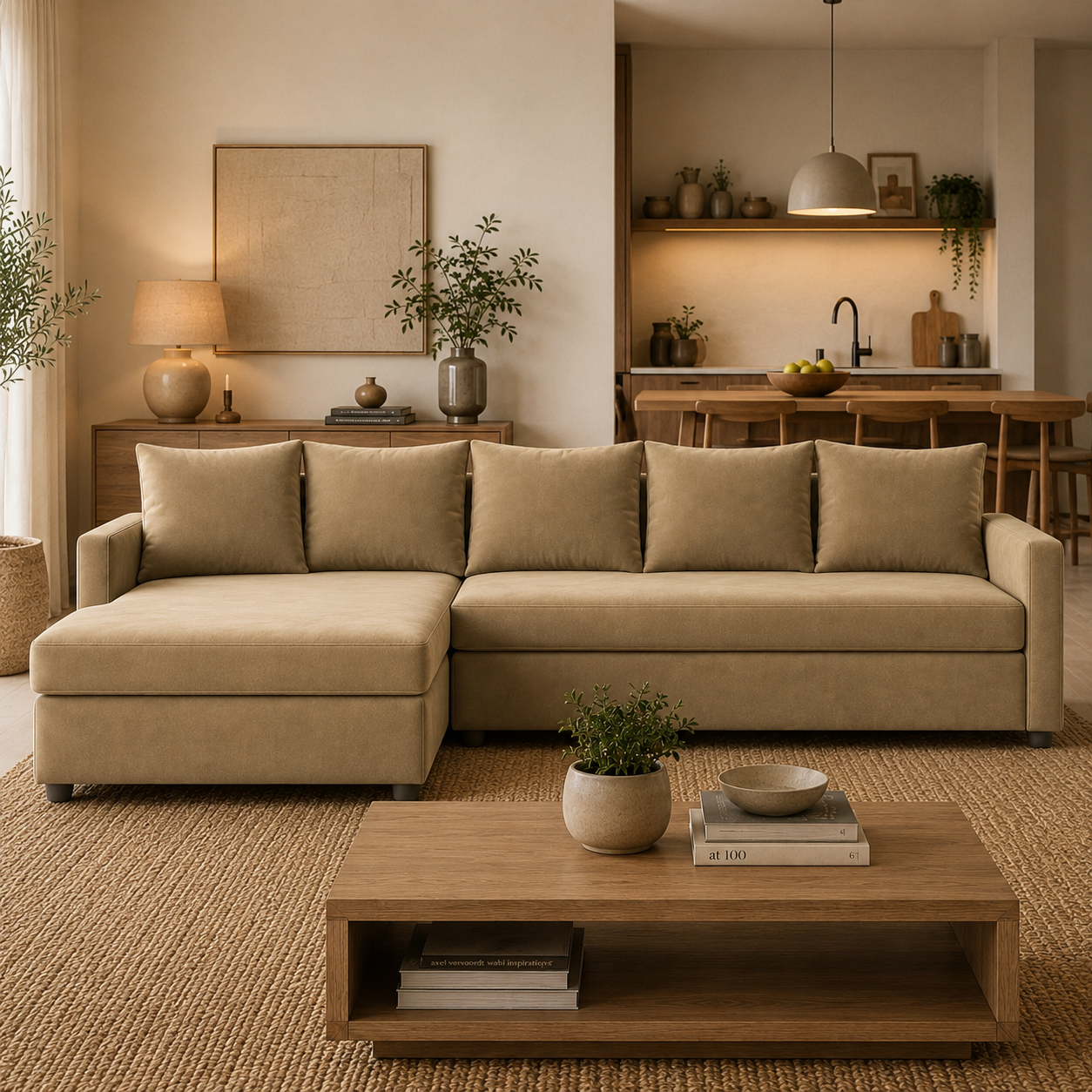 Zenora L Shape Fabric 5 Seater Sofa Set – Modern Corner Sofa for Contemporary Living Room