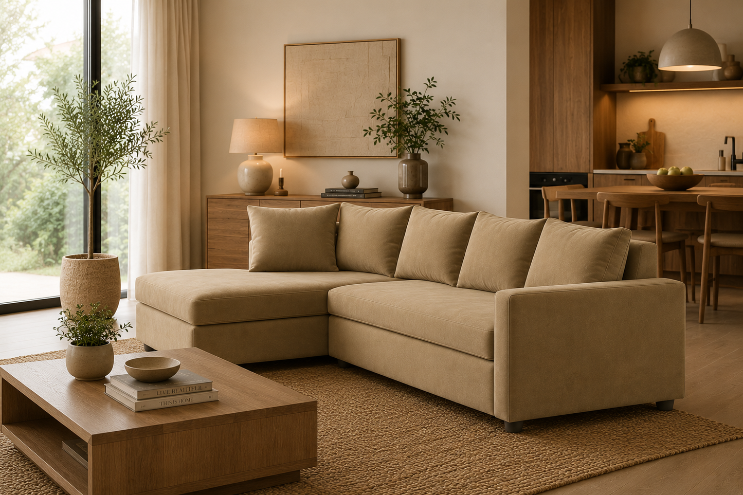 Zenora L Shape Fabric 5 Seater Sofa Set – Modern Corner Sofa for Contemporary Living Room