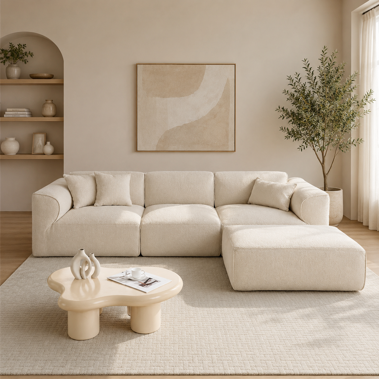 Modura Modern Curved Sectional Sofa with Ottoman – Cream Bouclé L-Shaped Modular Couch
