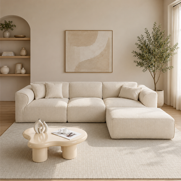 Modura Modern Curved Sectional Sofa with Ottoman – Cream Bouclé L-Shaped Modular Couch