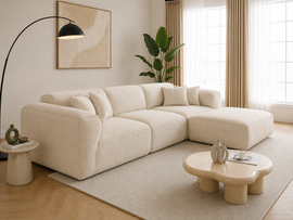 Modura Modern Curved Sectional Sofa with Ottoman – Cream Bouclé L-Shaped Modular Couch
