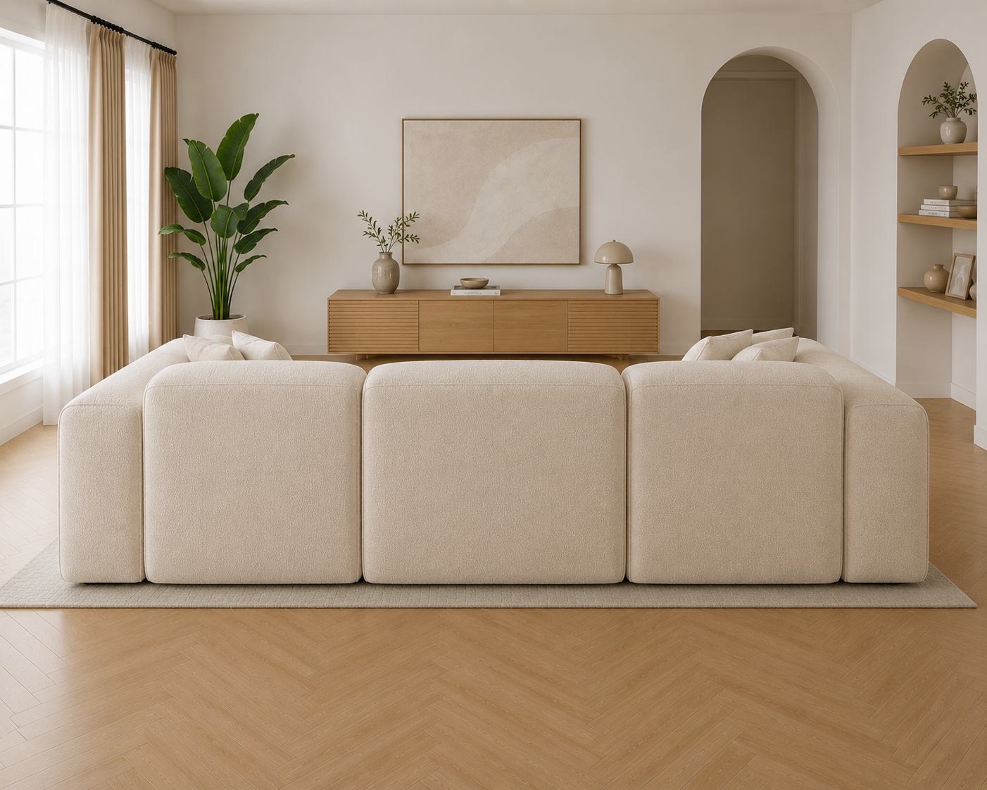 Modura Modern Curved Sectional Sofa with Ottoman – Cream Bouclé L-Shaped Modular Couch