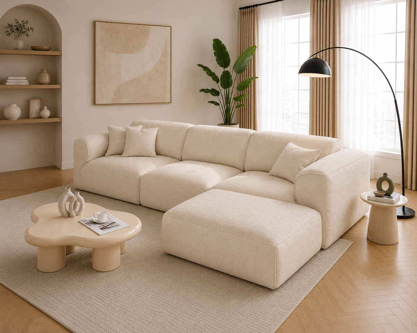 Modura Modern Curved Sectional Sofa with Ottoman – Cream Bouclé L-Shaped Modular Couch