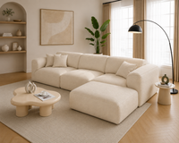 Modura Modern Curved Sectional Sofa with Ottoman – Cream Bouclé L-Shaped Modular Couch