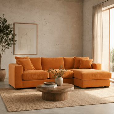 Elvora L Shape 4 Seater Fabric Sofa Set – Modern Orange Corner Sofa for Living Room