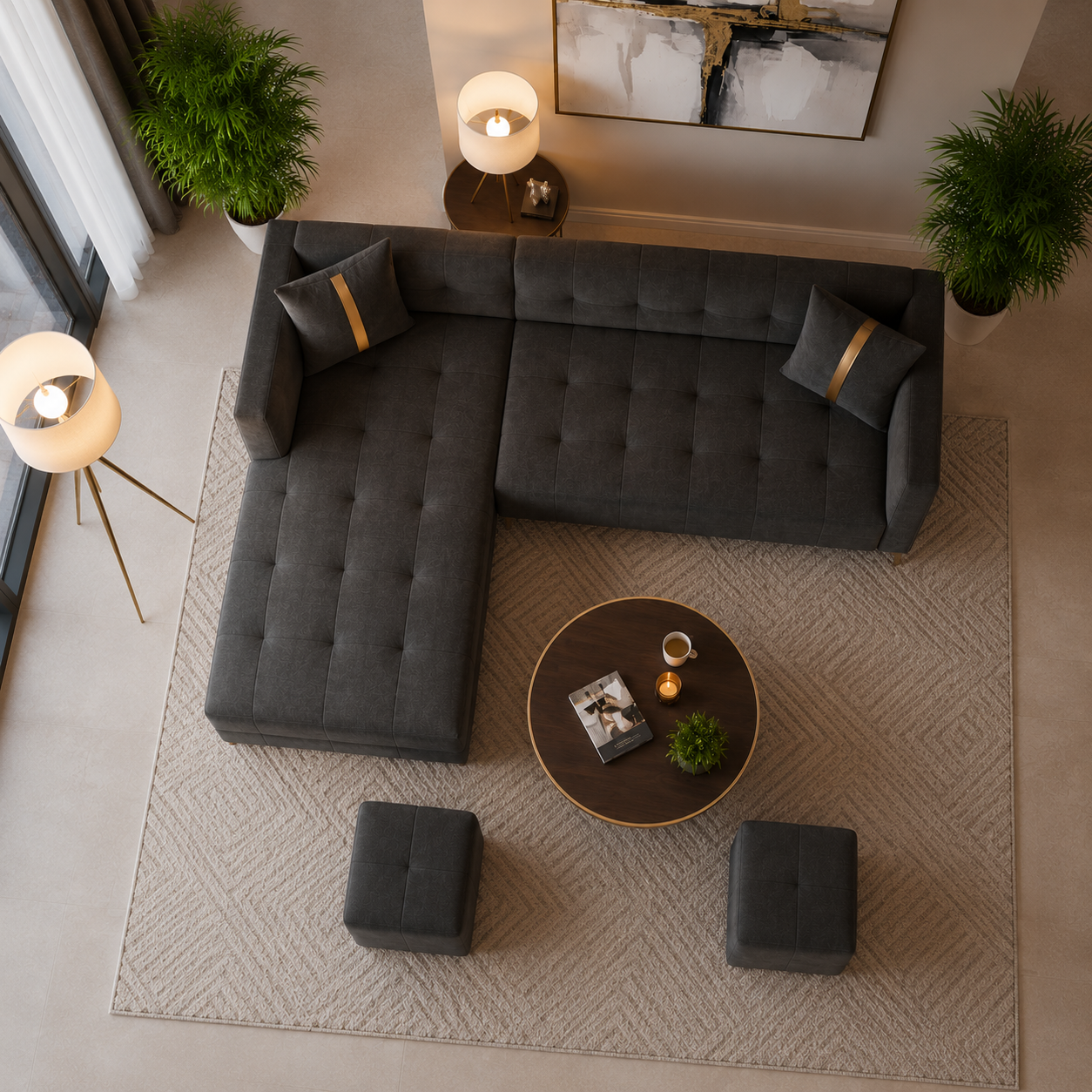 Zyora L Shape 6 Seater Fabric Sofa Set with 2 Puffy | Modern Luxury Corner Sofa for Living Room