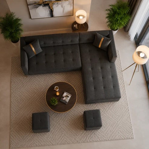 Zyora L Shape 6 Seater Fabric Sofa Set with 2 Puffy | Luxury