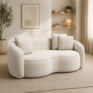 Velmora Bouclé Curved 3 Seater Sofa – Modern Designer Cream Sofa with Cushions