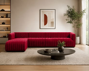 Verlino Velvet L Shape 5 Seater Sofa – Modern Red Designer Sectional Sofa for Living Room
