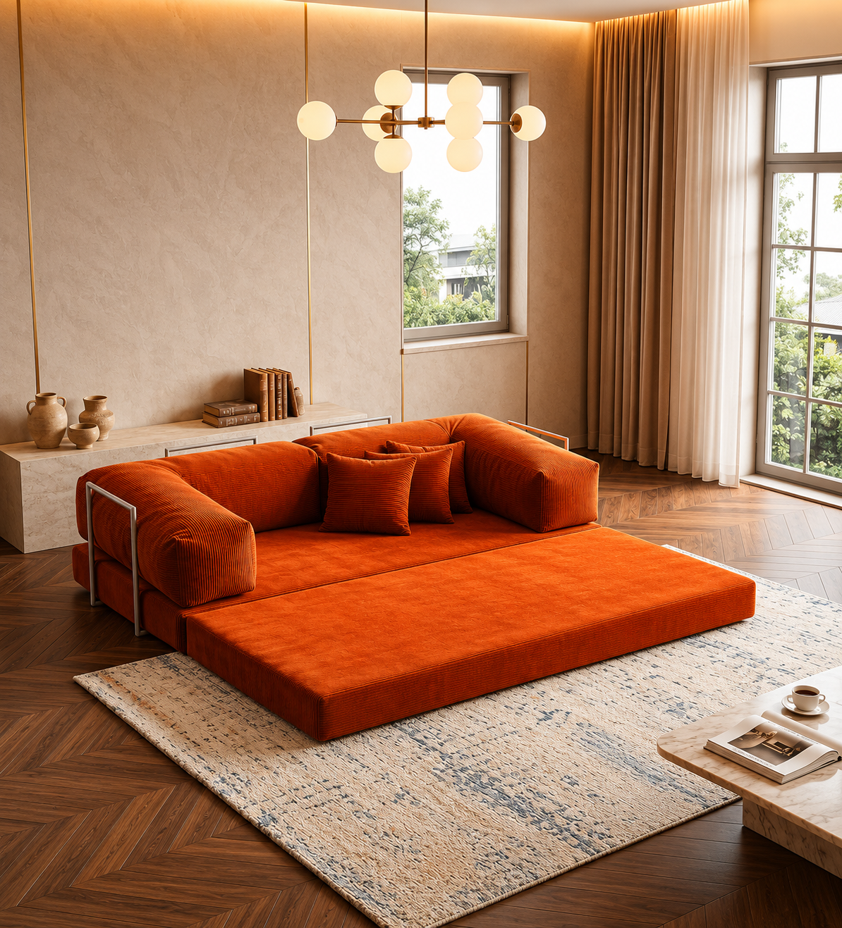 Vegas Modern Sofa Cum Bed with Premium Lounge Comfort – Luxury Convertible Fabric Sofa