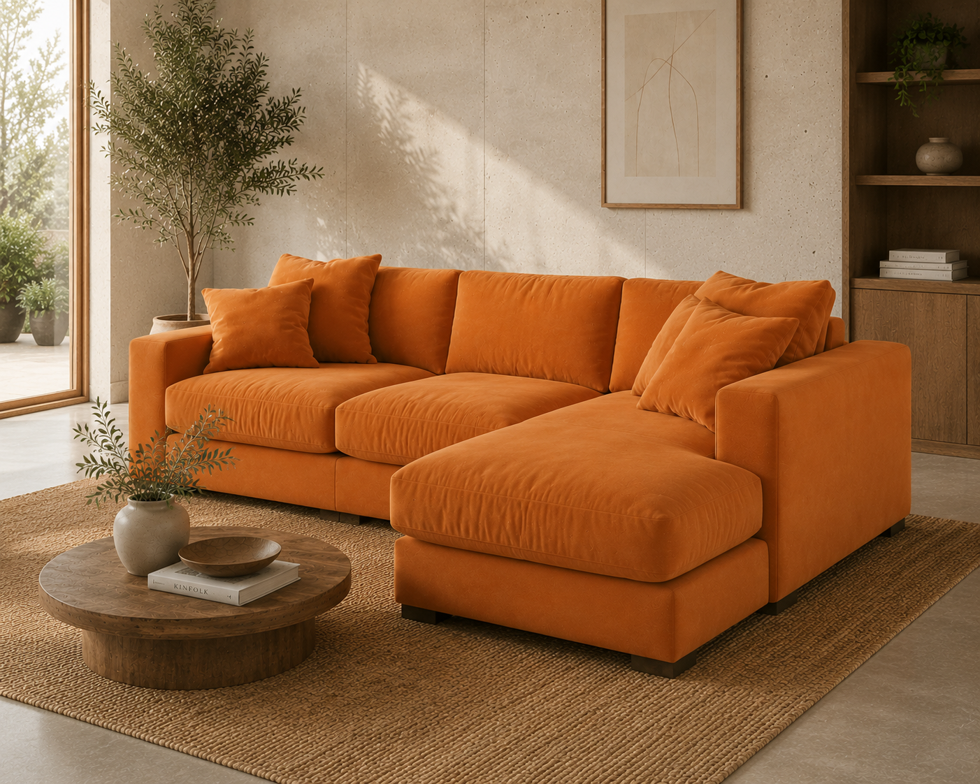 Elvora L Shape 4 Seater Fabric Sofa Set – Modern Orange Corner Sofa for Living Room