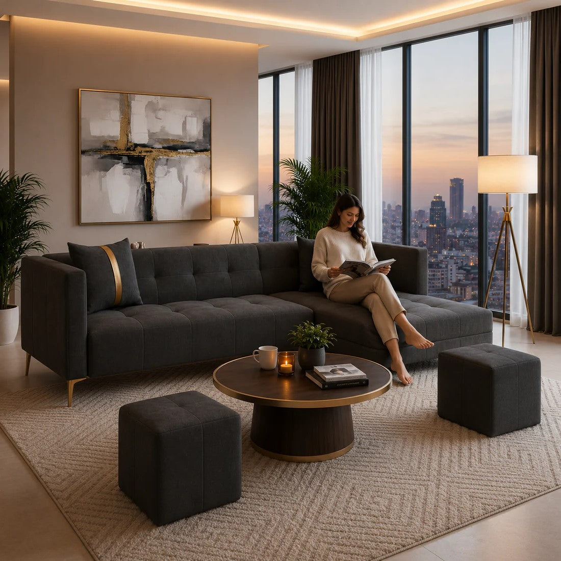 Zyora L Shape 6 Seater Fabric Sofa Set with 2 Puffy | Modern Luxury Corner Sofa for Living Room