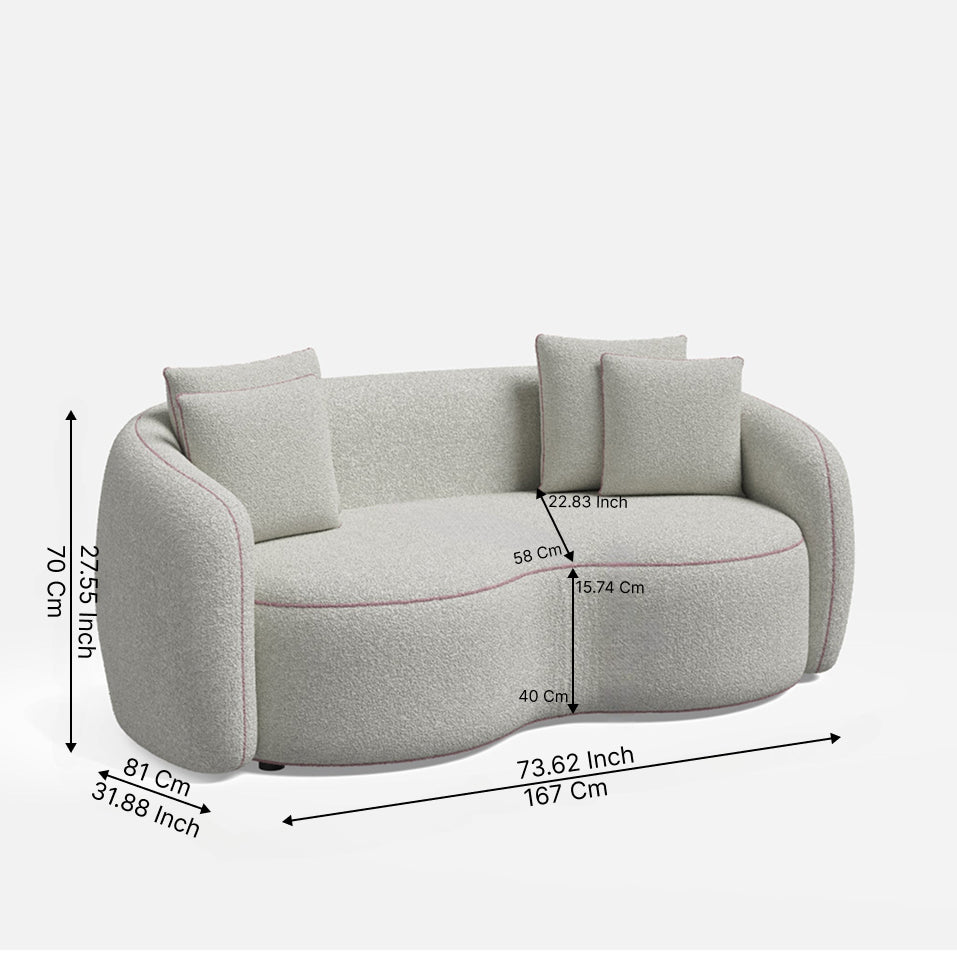 Velmora Bouclé Curved 3 Seater Sofa – Modern Designer Cream Sofa with Cushions