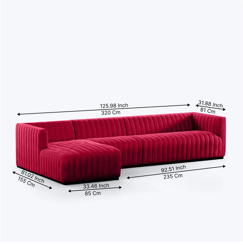Verlino Velvet L Shape 5 Seater Sofa – Modern Red Designer Sectional Sofa for Living Room